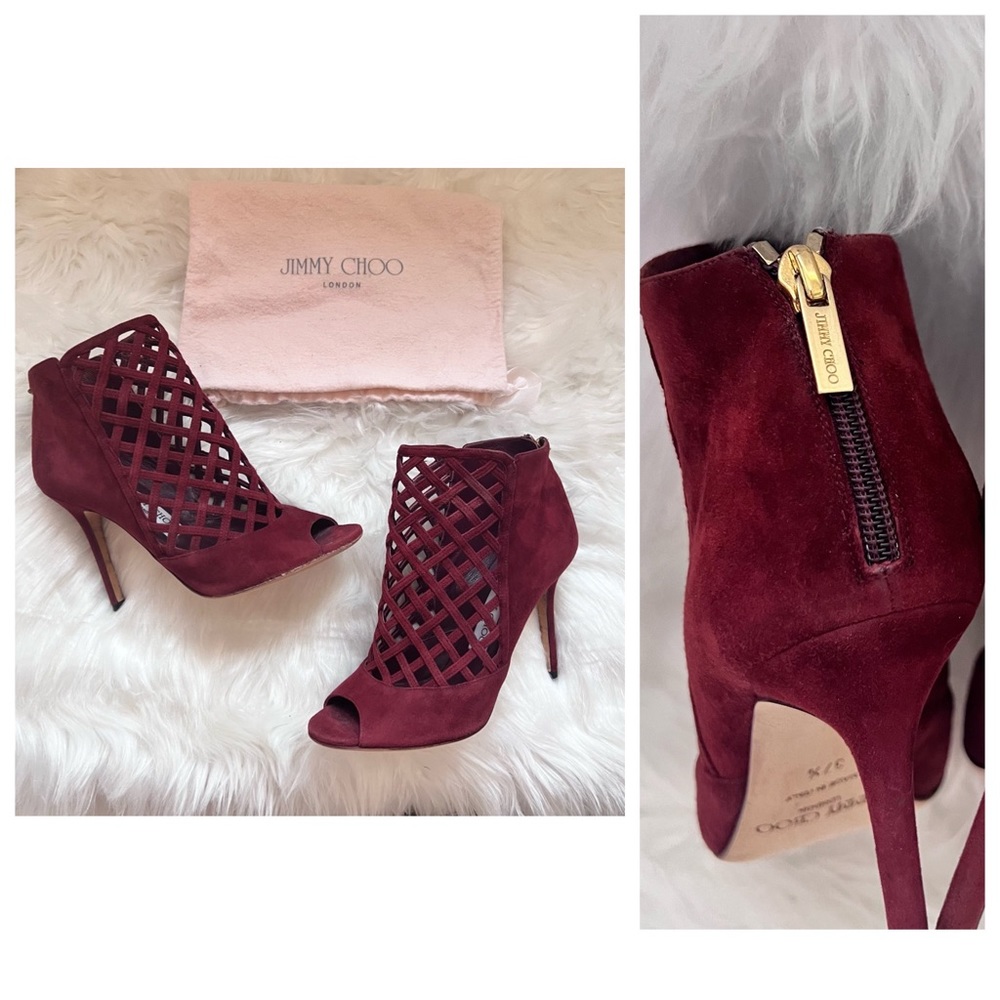 *SOLD* JIMMY CHOO Logo Dane Open Toe Caged Suede Booties - Picture 1 of 12